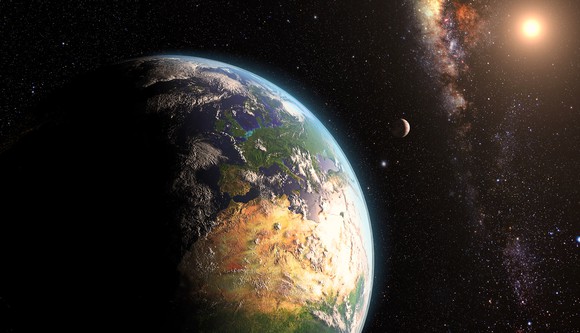 A view of the Earth, moon, and sun from space