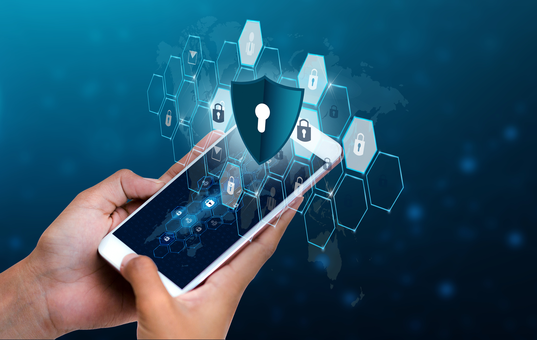 Cybersecurity icons surround a smartphone.