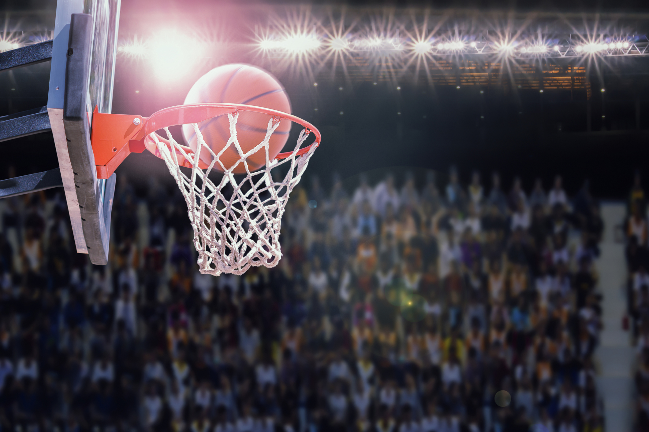 Basketball going into hoop with arena of fans in the background
