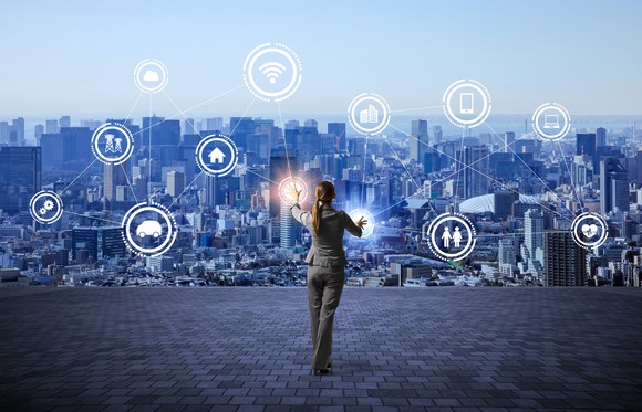 A woman in a city landscape surrounded by connected icons featuring devices, a house, people, a clock, and modes of transportation.