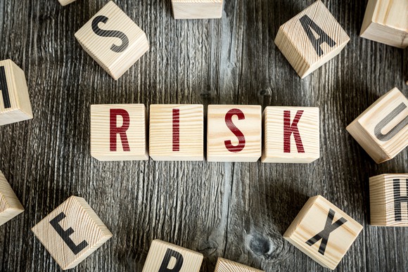 The word RISK written on four wooden blocks, with other blocks scattered around.
