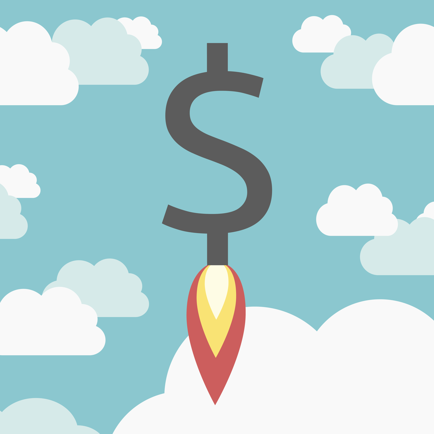 dollar sign rocketing into the sky with clouds