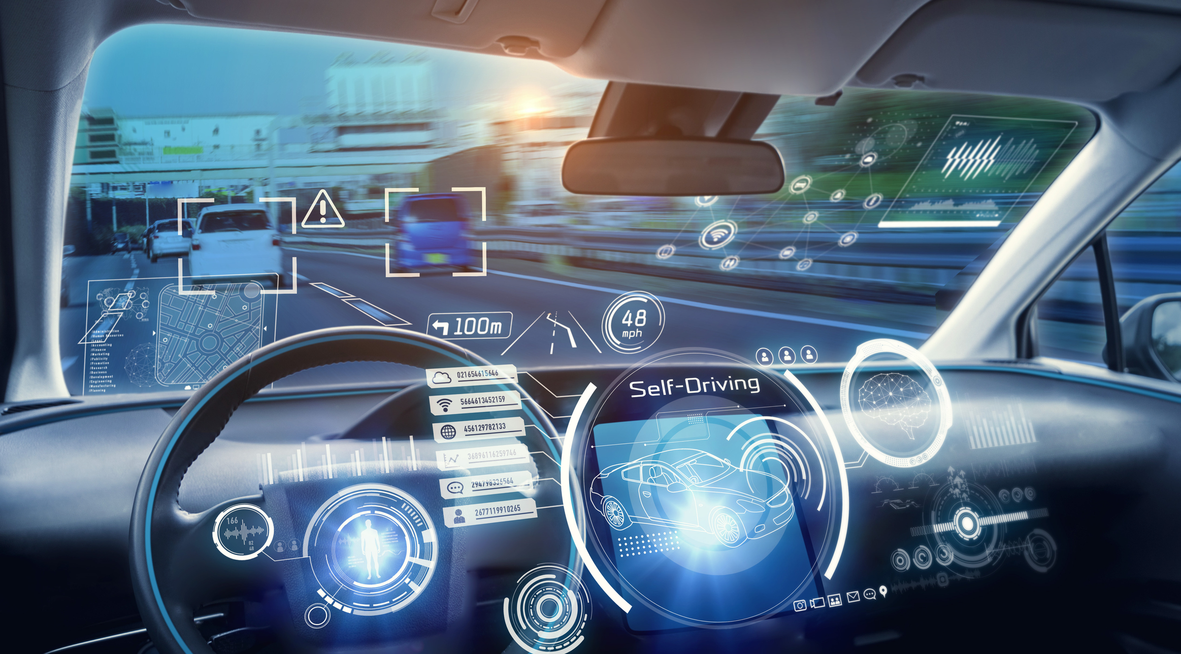 Concept art of the dashboard of a self-driving car.