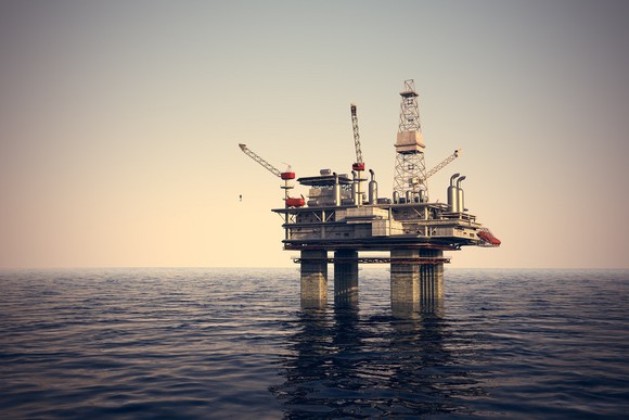 An offshore oil rig in front of the horizon.