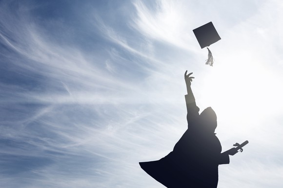 Silhouette of person throwing mortarboard into the air with a blue sky in the background