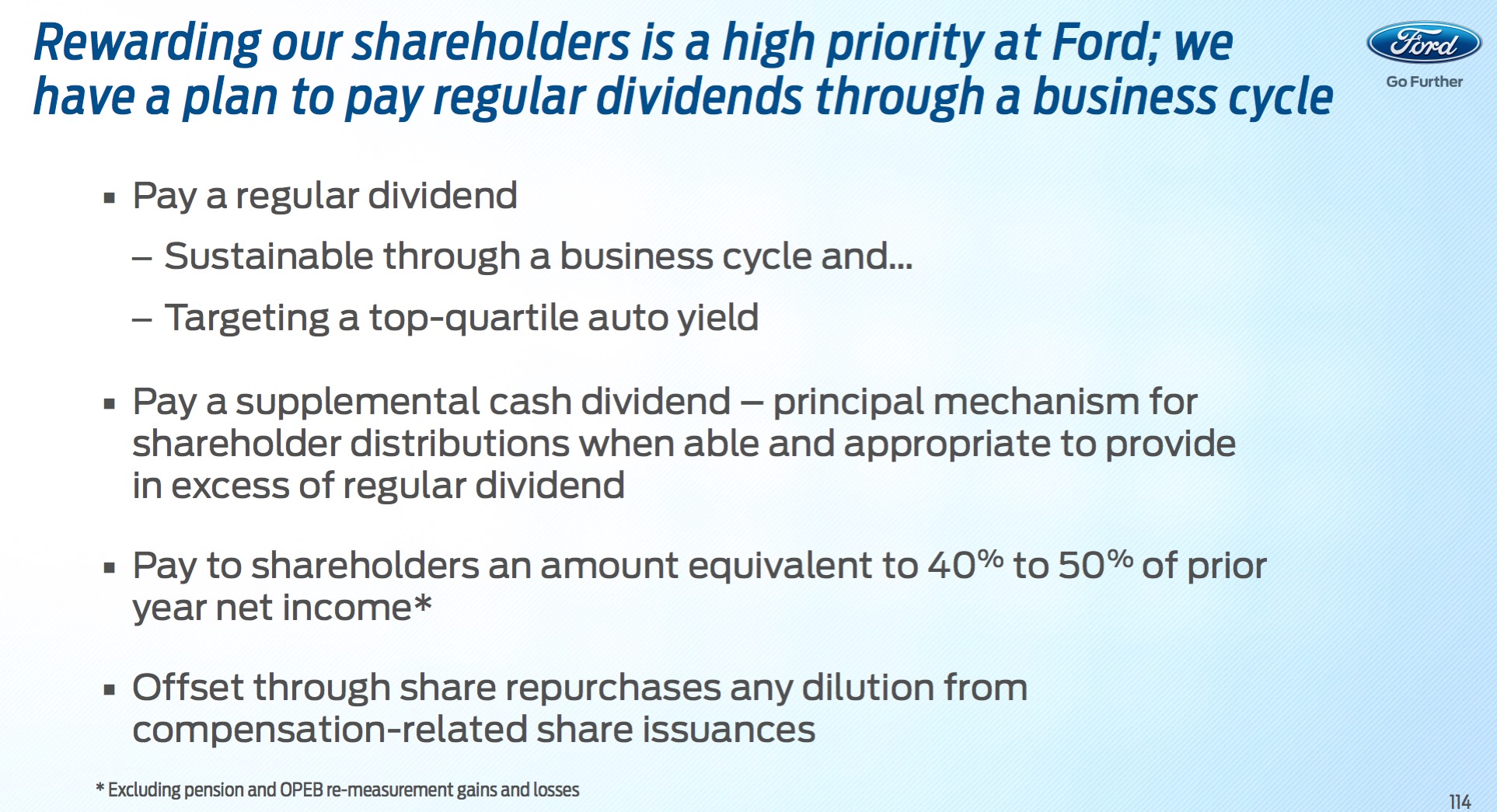 Investor Day slide with Ford's plan to pay regular dividends