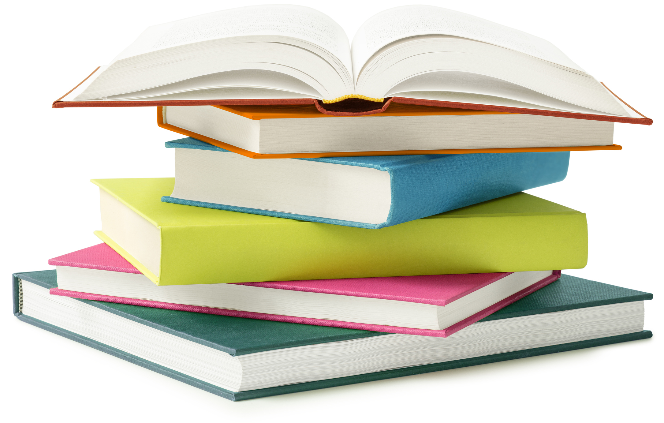 A stack of books with colorful covers, with one open on top.