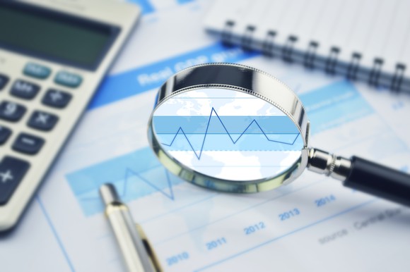 Magnifying glass over a stock ticker page from a newspaper.