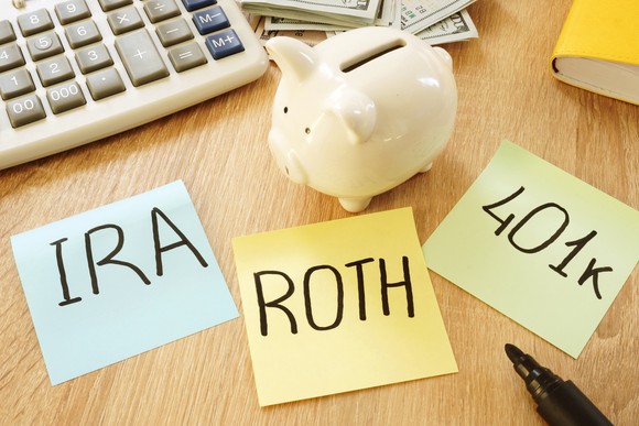 Calculator, piggy bank, and pile of cash next to Post-it notes with IRA, ROTH, and 401K written on them