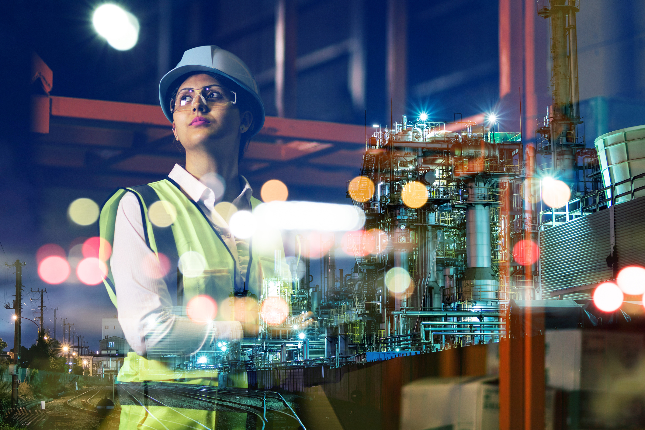 Woman wearing hardhat in industrial setting
