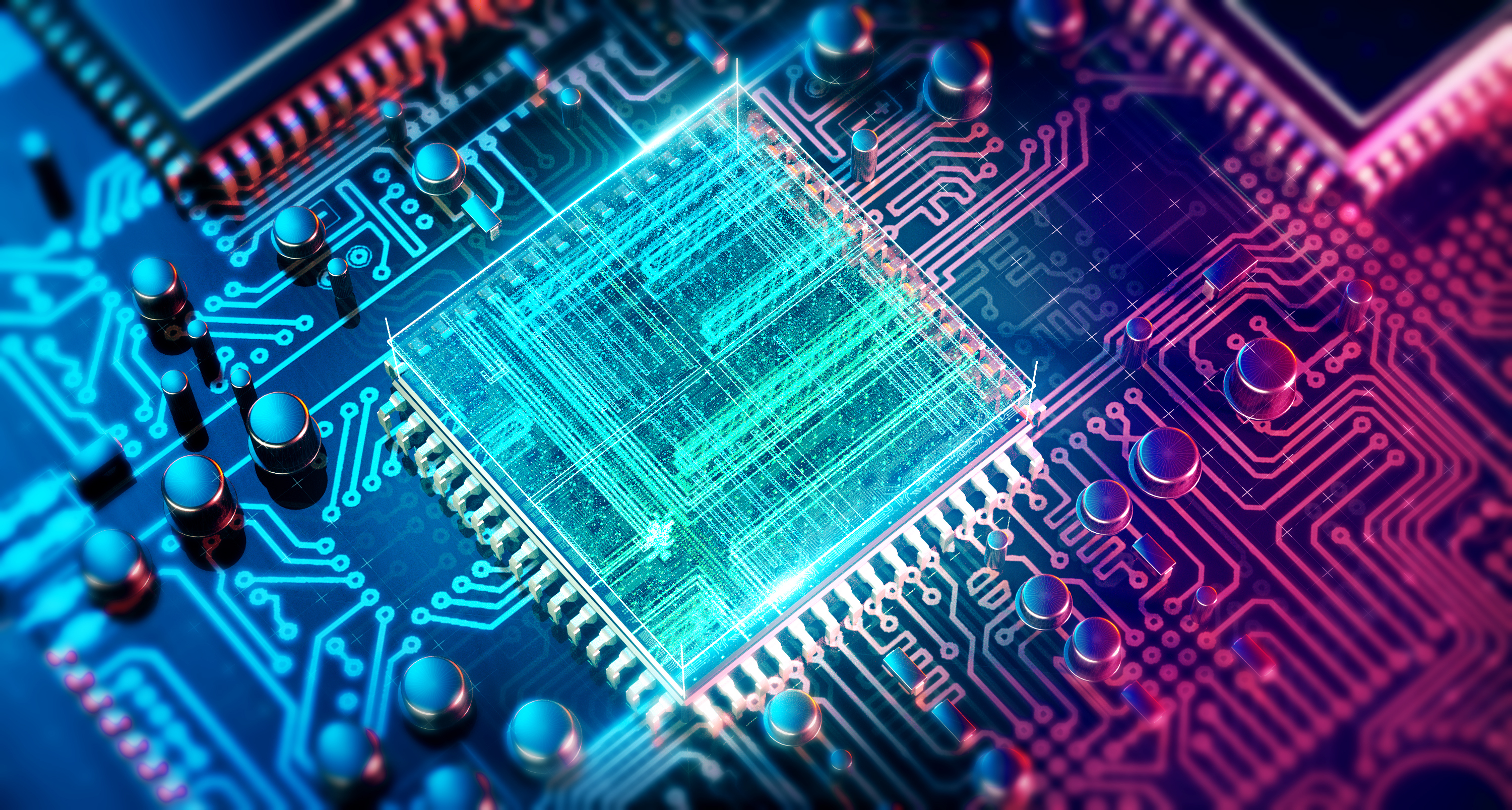 A colorful closeup of a computer chip.