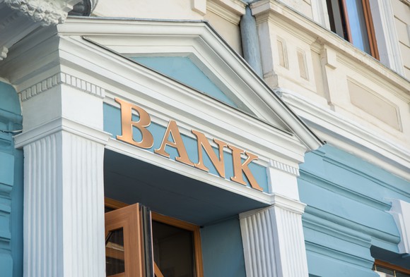 Front of a bank building.