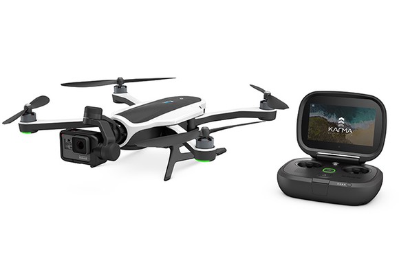 The Karma drone, with four helicopter blades and a GoPro camera in the middle for aerial shots.