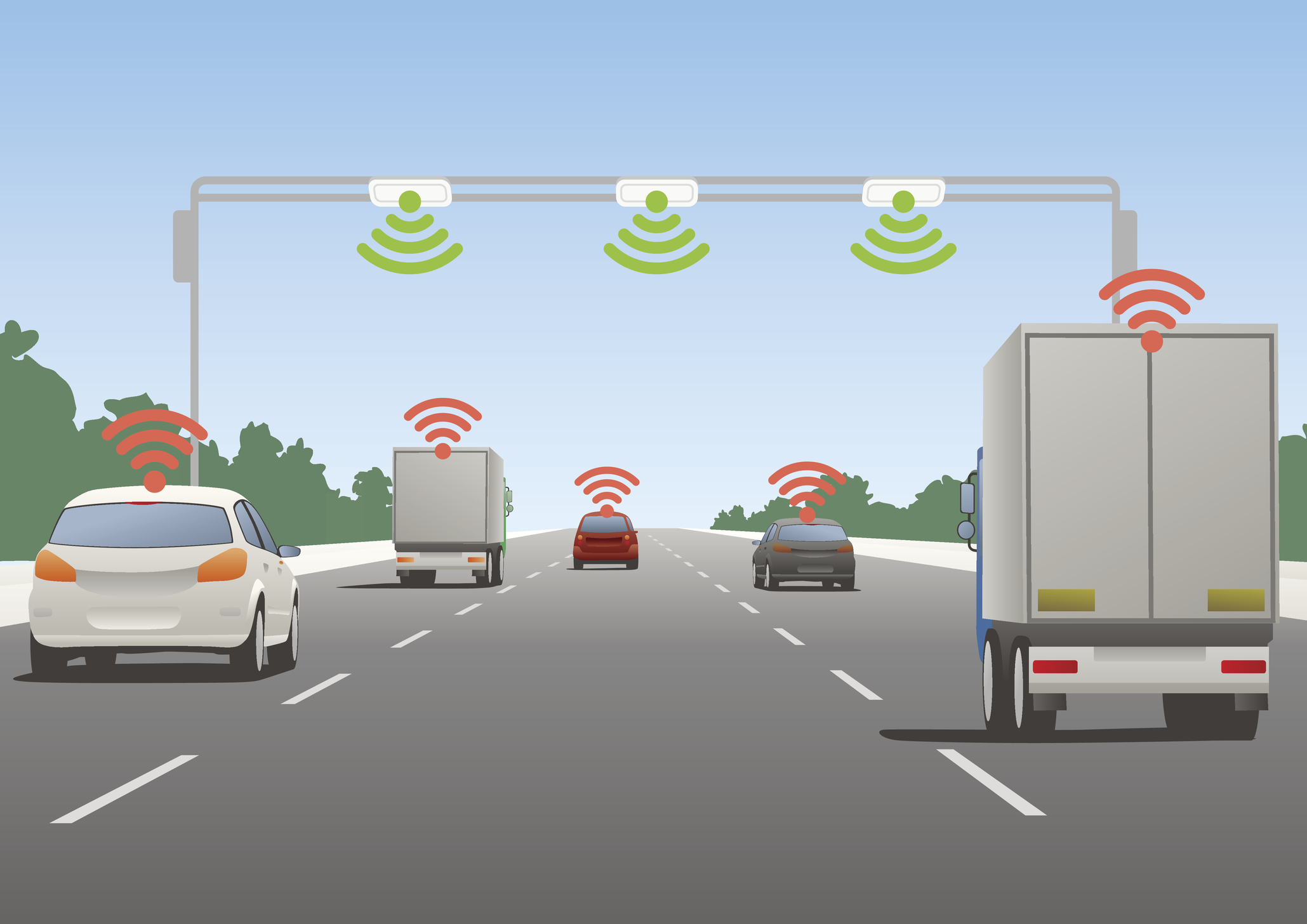 Cars on highway sending signals to each other and the roadway.