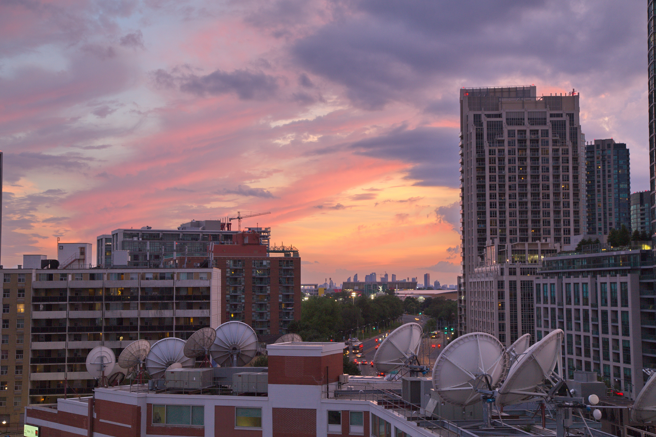Rooftop satellites overlooking the city of Toronto, Canada.