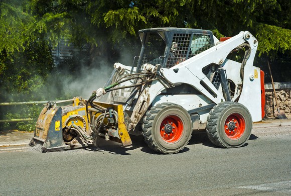 Skid steer at construction site, where United Rentals is a key equipment provider.
