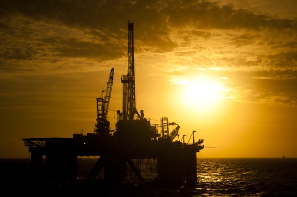 Drillship at sunset