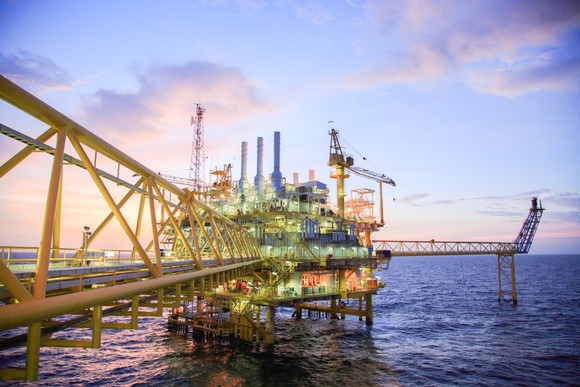 Offshore oil platform at sunset
