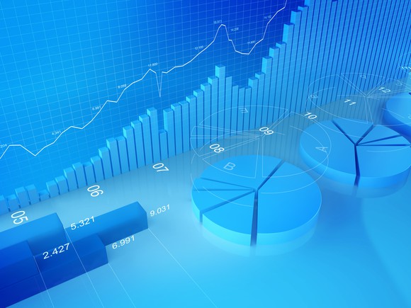 Upward sloping stock chart on blue background.