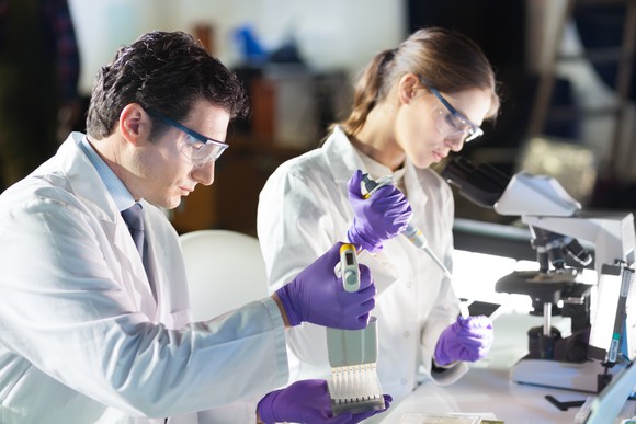 Scientists looking at test tubes
