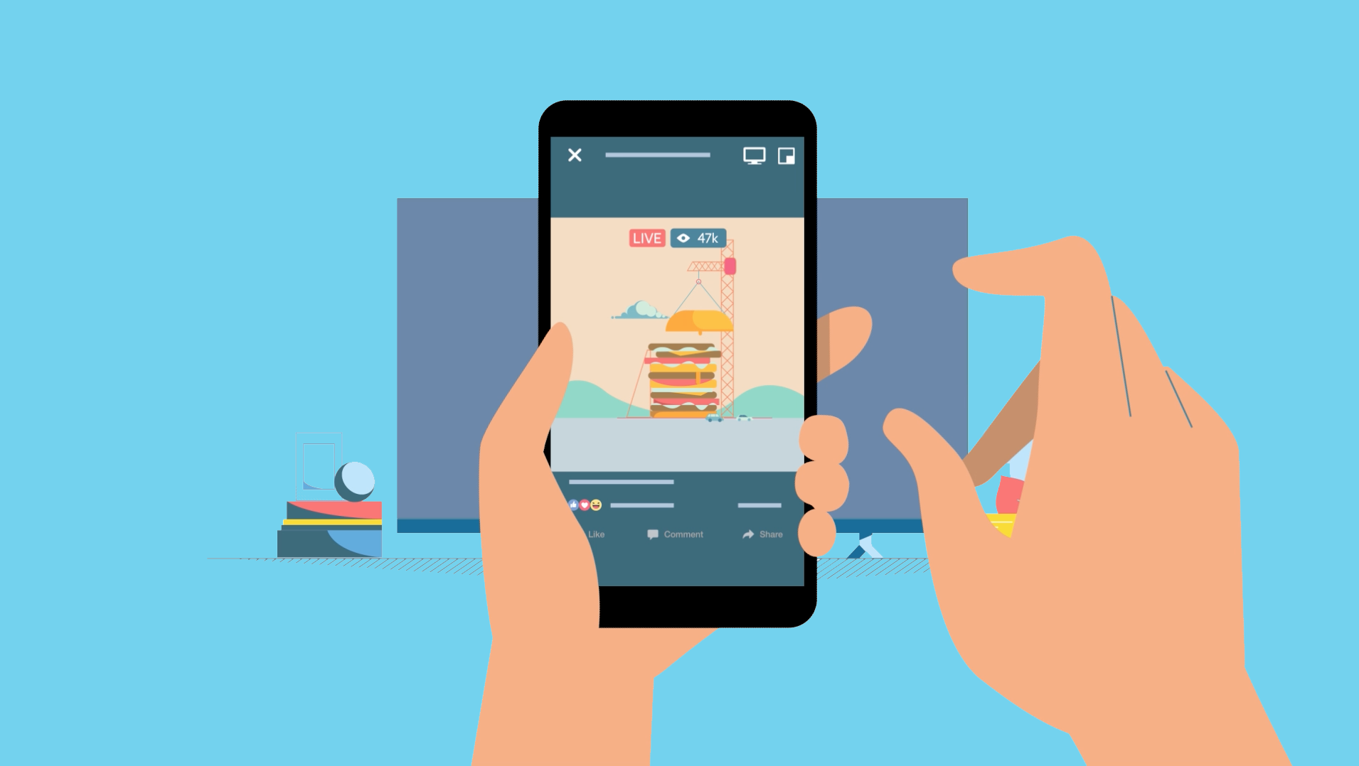 Animated user watching video on Facebook app.