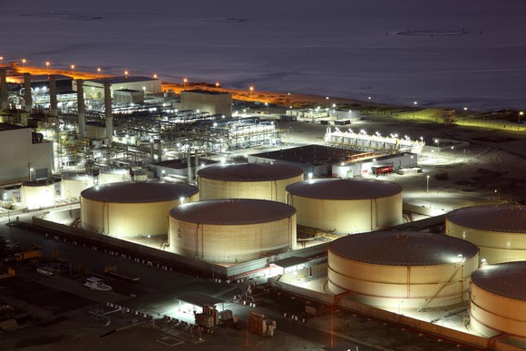 Oil refinery storage tanks at night