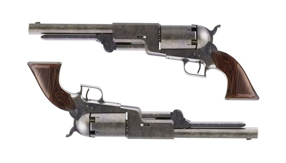 Two revolvers, one upside down.