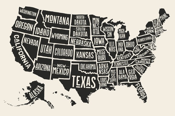 drawing of America with each state labeled