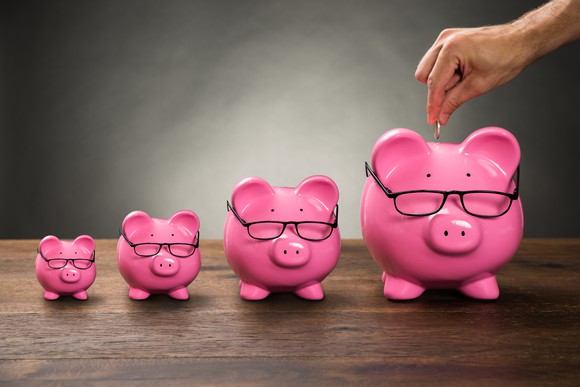 A line of increasingly larger piggy banks.