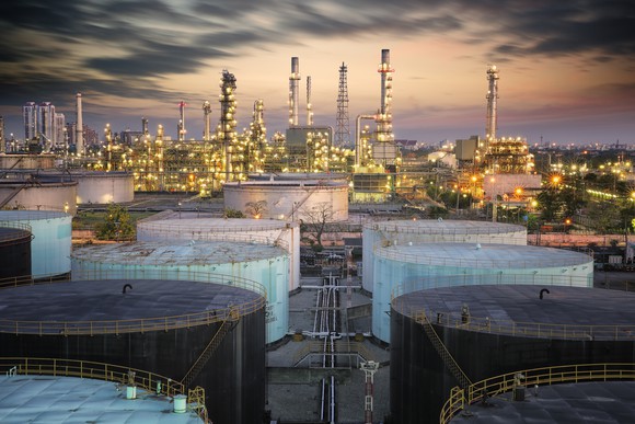 Oil storage tanks at a refinery.