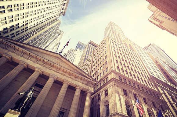 Photo looking up at the New York Stock Exchange