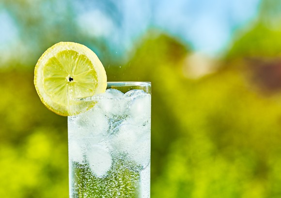 A glass of carbonated water.