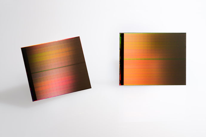 A shot showing two chips of Intel's 3D XPoint memory technology, which the company hopes to sell as both a fast storage solution as well as a DRAM replacement in certain data center workloads.