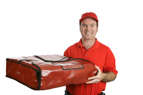 Pizza deliveery man holding thermal bag
