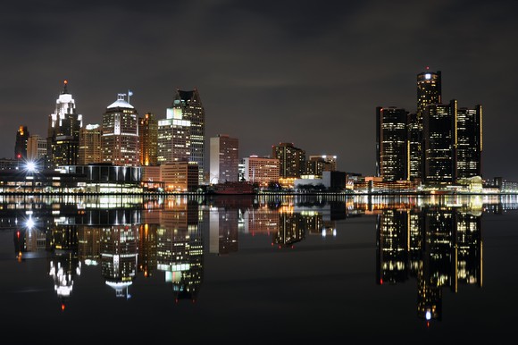 Detroit skyline at night, showing the GM building