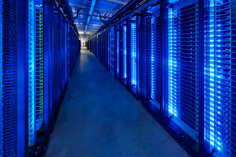 Facebook servers lit up in blue.