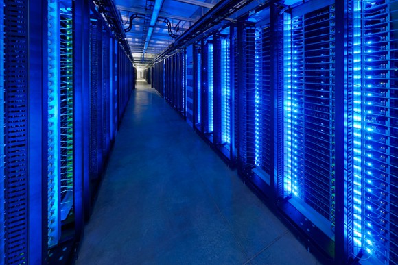 Facebook servers lit up in blue.
