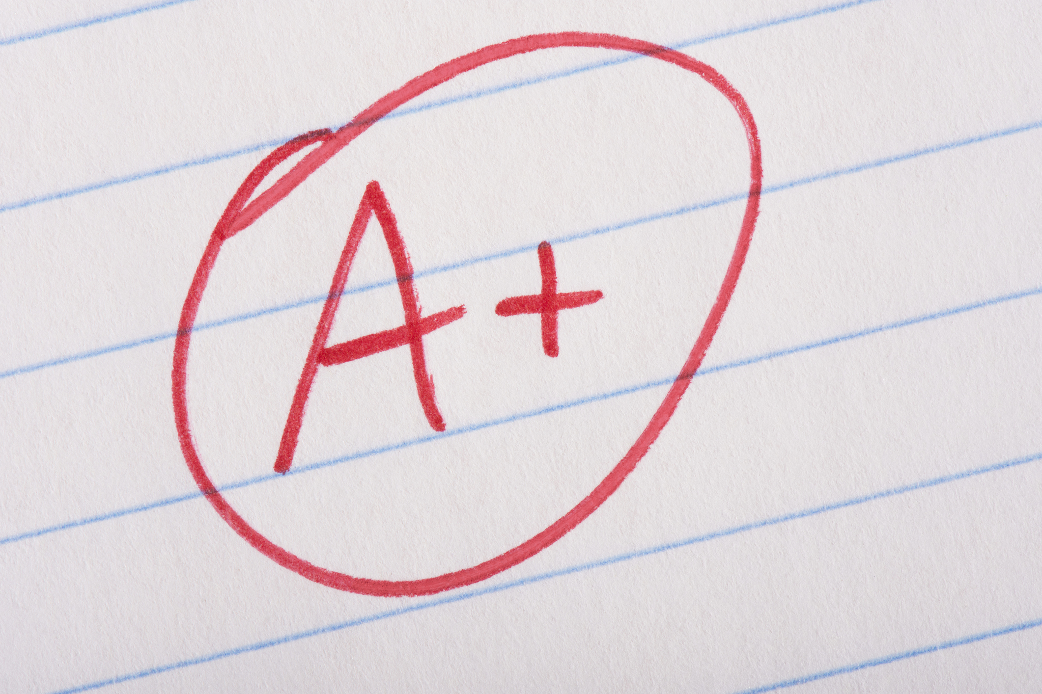 "A+" written in red and circled, on lined school paper.