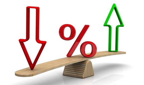 See-saw with red arrow pointing down and green arrow pointing up on either side and percentage sign in the middle