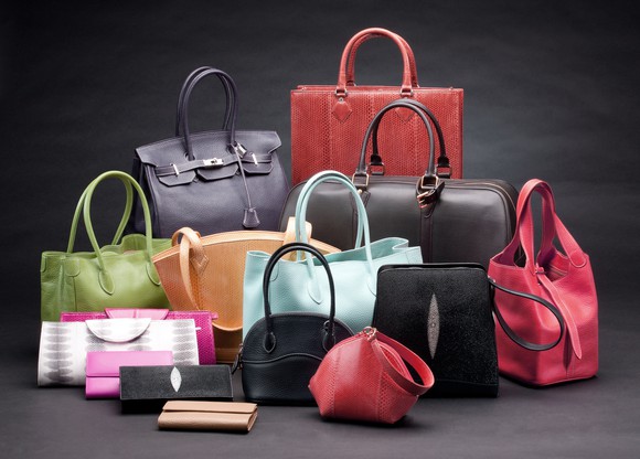 Leather handbags on display.