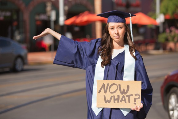 Recently graduated woman in cap and gown holding a "Now What?" sign