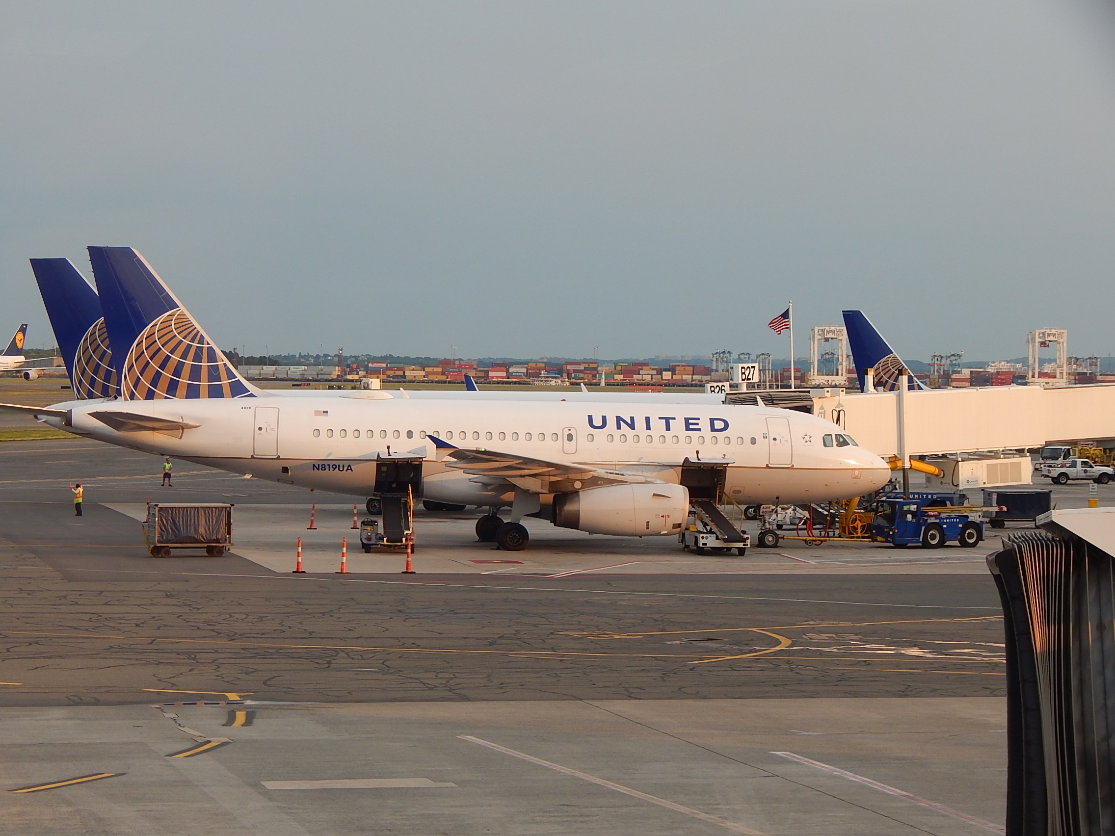 United Airlines planes at their gates.