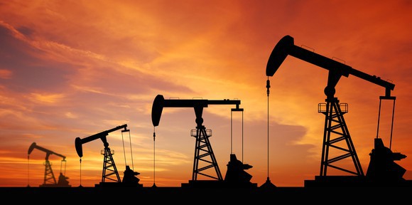 Oil pumps at sunset.