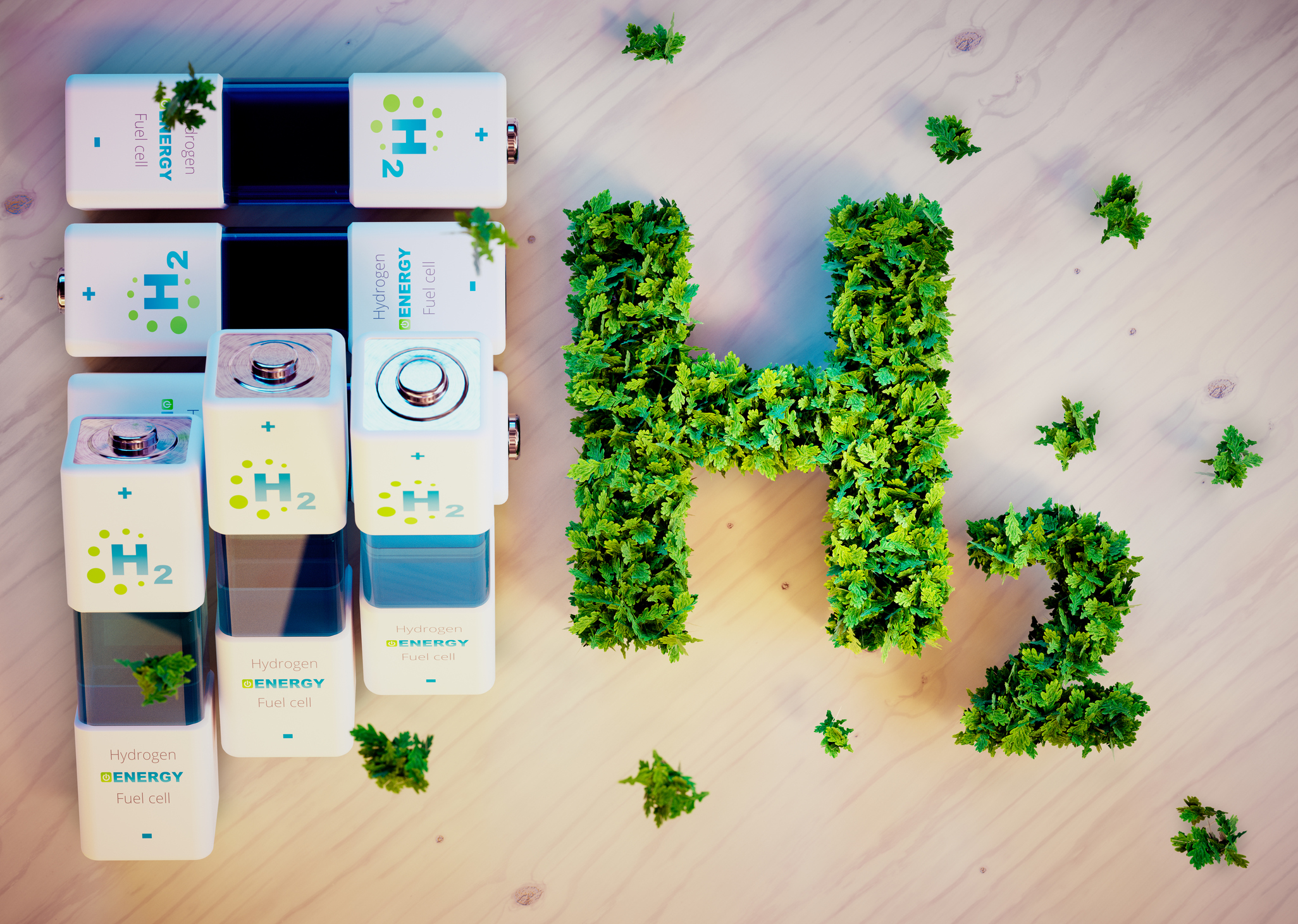 Several batteries on a table next to the symbol for hydrogen formed by green plants.