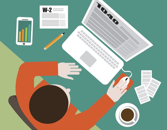 Colorful drawn image of a man seated at laptop filling out tax form 1040.