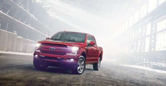 A red 2018 Ford F-150 pickup.