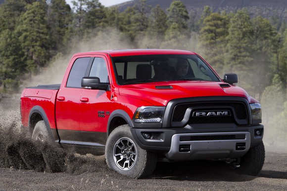 A red Ram 1500 pickup on a dirt road.