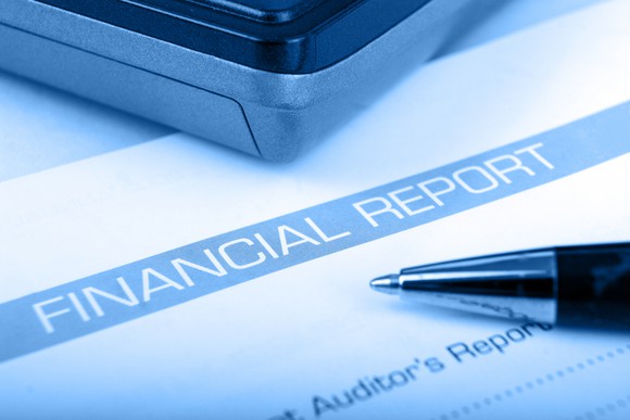 Financial report with blue overlay