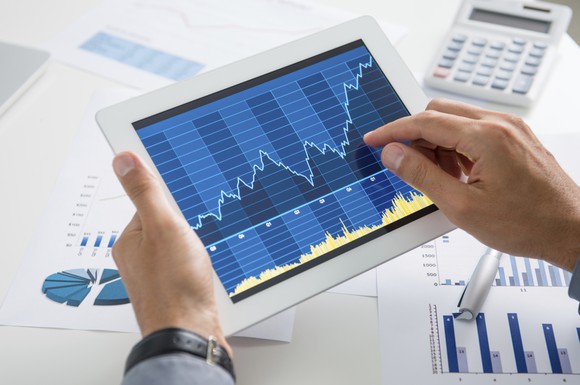 Investor looking at a rising stock chart on a tablet