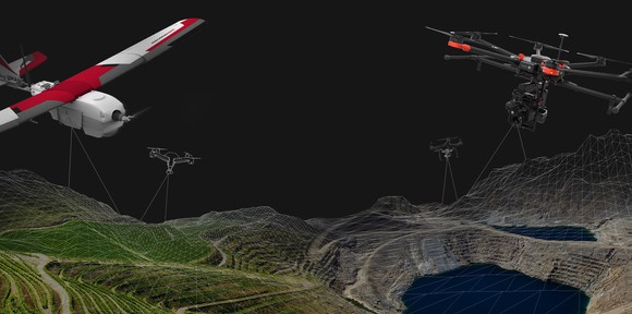 Multiple PrecisionHawk drones flying